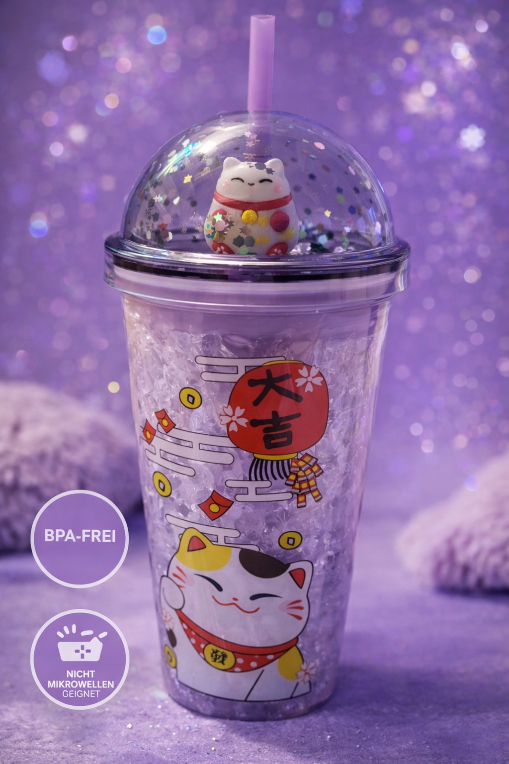 Trinkbecher mit Strohhalm – Maneki Neko  500 ml