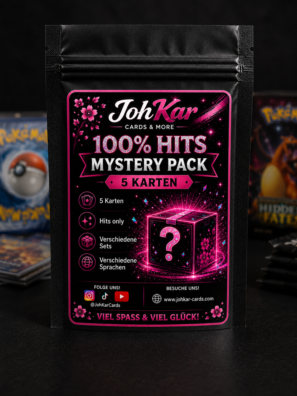 JohKar - Pokémon 100% Hits Mystery Pack - 5 Hit Karten - Holo, V, VMAX, EX, GX & mehr