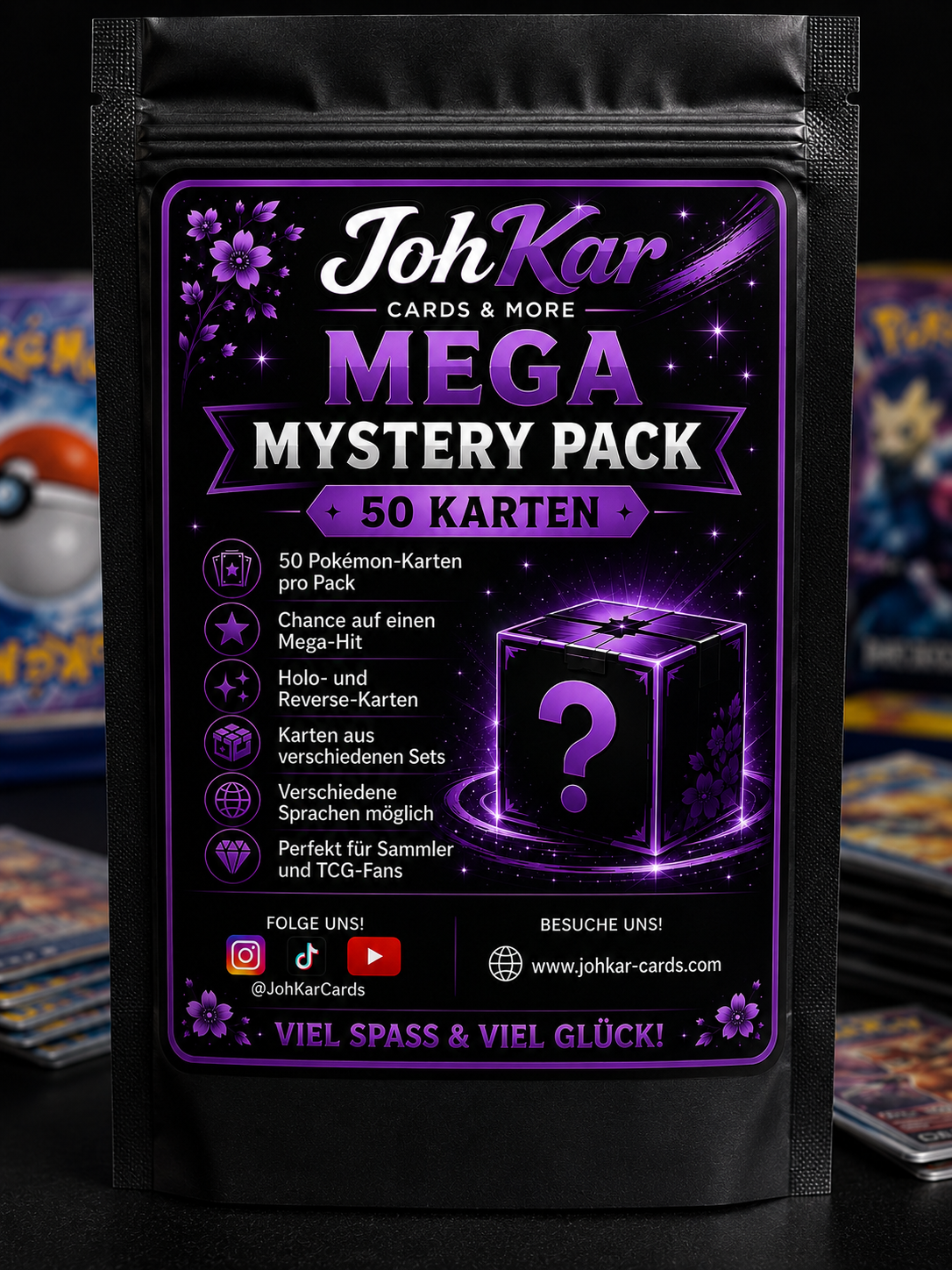 JohKar - Pokémon Mega Mystery Pack - 50 Karten - Chance auf Hits